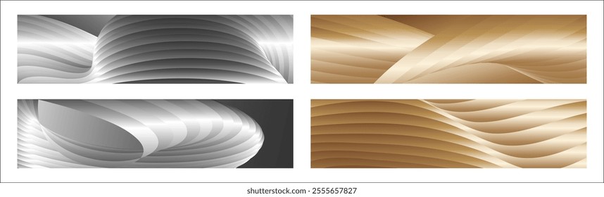 Wavy silver and gold parallel gradient lines, ribbons, silk. Set of 4 backgrounds. Black and white with shades of gray or golden silk. Banner, poster. eps vector