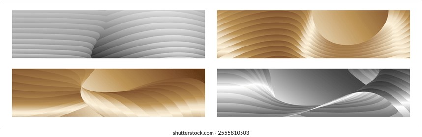 Wavy silver and gold parallel gradient lines, ribbons, silk. Set of 4 backgrounds. Black and white with shades of gray or golden silk. Banner, poster. eps vector