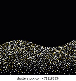 Wavy silver and gold sparkle background of random scatter golden and silvery circles, squares, stars, triangles and pentagons isolated on black.