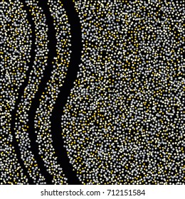 Wavy silver and gold sparkle background of random scatter golden and silvery circles, squares, stars, triangles and pentagons isolated on black.