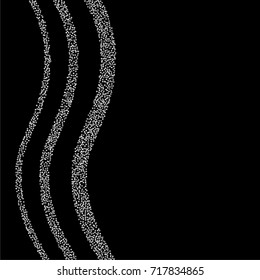 Wavy silver powder background of random scatter silvery stars isolated on black.