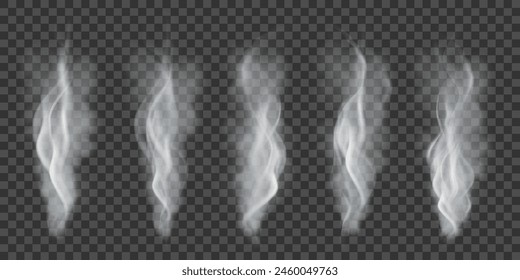 Wavy smoke effect, vector realistic set. 3D Vector illustration. White cloudy fog, vapor isolated on transparent background