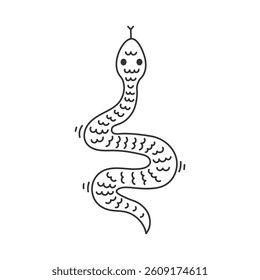 Wavy Snake Doodle. Hand drawn Line Outline Spiral Serpent with squama Scale Tongue. Vector illustration in cartoon sketch style