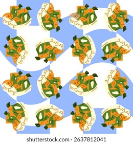 Wavy Sneakers Parade Seamless Pattern. Seamless pattern with stylized cream sneakers and green-orange laces on blue and white wavy checkered background. Flat cartoon style, sporty and playful.
