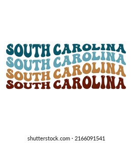 Wavy South Carolina, USA Lettering Design. Retro Waves Illustration Vector Design. Hippie Clip art Stacked Text Boho.