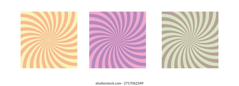 Conjunto de fondo abstracto espiral ondulado. Rayas radiales, explosión de sol, explosión o efecto de estilo manga sorpresa. Impresión de piruleta, caramelo, yogur o helado. eps 10