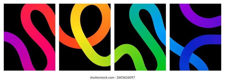 Wavy and Spiraling Rainbow Gradation Ribbons. Abstract Backgrounds with Color Lines. Vector Posters with 3D Gradient Shapes. Squiggles and Curve Graphic Elements.
