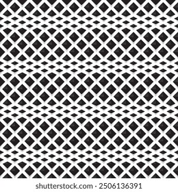 Wavy square checked 3d dimensional black rhombus with light and grey shadow on white background. Vector seamless geometric pattern or texture.