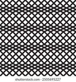 Wavy square checked rhombus vector black and white seamless geometric pattern or texture.