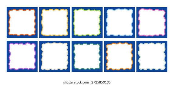 Kit de marco cuadrado ondulado. Colección de borde de imagen de onda linda de vieira cuadrada. Conjunto de forma de marco ondulado de vieira. Ilustración vectorial