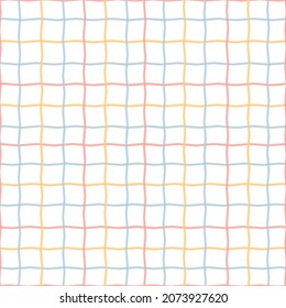 wavy square grid pink, blue and yellow lines vector plaid pattern seamless checkered geometric background