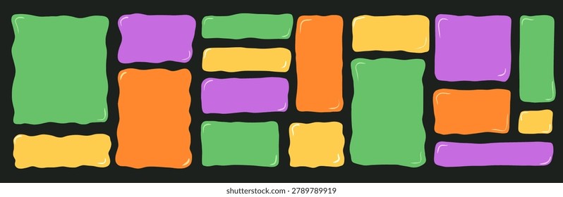 Wavy square and rectangle organic shapes. Irregular frames and cute block for text or promo info. Smooth edged curvy doodles in childish funky colors. Abstract hand drawn geometric background blanks.