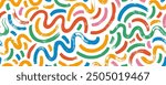 Wavy and squiggle bold brush strokes seamless pattern. Children style colored seamless banner background with doodle rough lines. Playful abstract squiggle drawing background, confetti motif.