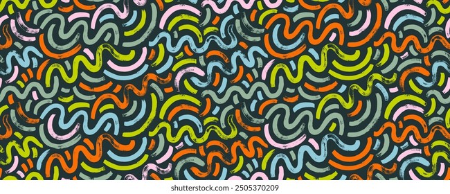 Wavy and squiggle bold brush strokes seamless pattern. Children style colored seamless banner background with doodle rough lines. Playful abstract squiggle drawing background, confetti motif.