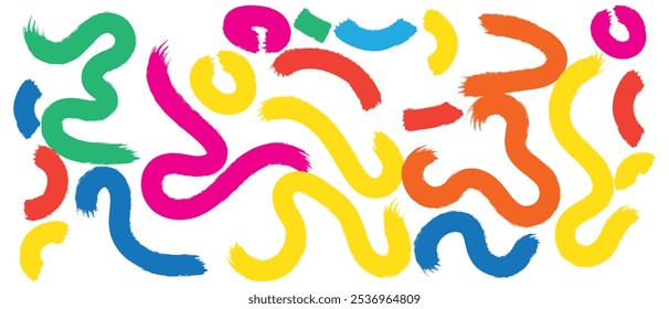 Padrão sem costura de traçados de pincel ondulado e rabisco. Estilo infantil colorido plano de fundo banner sem emenda com rabiscar linhas ásperas. Plano de fundo de desenho de rabisco abstrato lúdico, motivo confete.