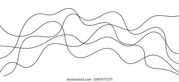 Unregelmäßige wellenförmige Linien, minimalistischer schwarz-weißer Hintergrund. Gekrümmte lange Linien. Abstrakte wellige doodle chaotische Vektorgrafik