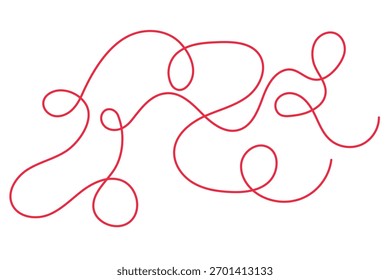 Wavy squiggle swirl red line, chaotic vector simple illustration, abstract minimal linework