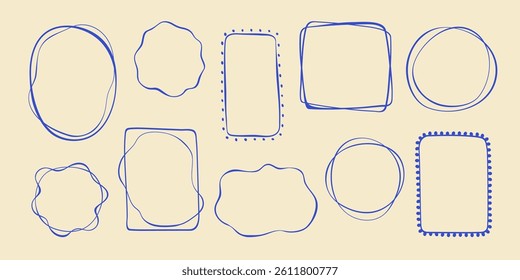 Wavy stamp frame set, vector hand drawn curved borders, abstract wiggle empty wavy curly monograms cadres. Minimalist squiggle scribble swirl design elements. Isolated. Vector illustration.