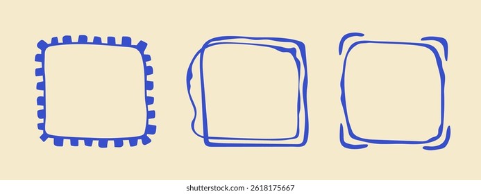 Wavy stamp frame set, vector hand drawn curved borders, abstract wiggle empty wavy curly monograms cadres. Minimalist squiggle scribble swirl design elements. Isolated. Vector illustration.