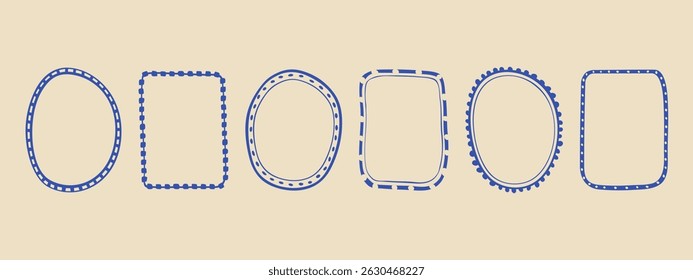 Wavy stamp frame set, vector hand drawn curved borders, abstract wiggle empty wavy curly monograms cadres kit. Minimalist squiggle scribble swirl design elements. Isolated. Vector illustration.