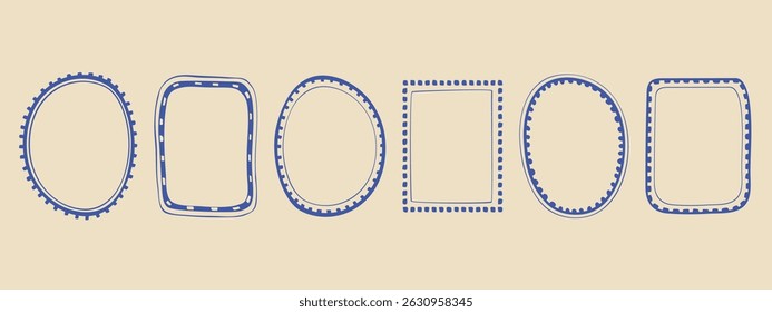 Wavy stamp frame set, vector hand drawn curved borders, abstract wiggle empty wavy curly monograms cadres kit. Minimalist squiggle scribble swirl design elements. Isolated. Vector illustration.
