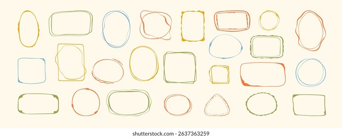 Wavy stamp frame set, vector hand drawn curved borders, abstract wiggle empty wavy curly monograms cadres kit. Minimalist squiggle scribble swirl design elements. Isolated. Vector illustration.