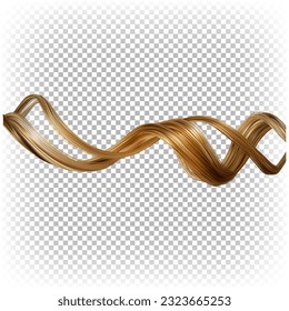 Wavy strand of blond female hair. 3d realistic vector image isolated on transparent background.