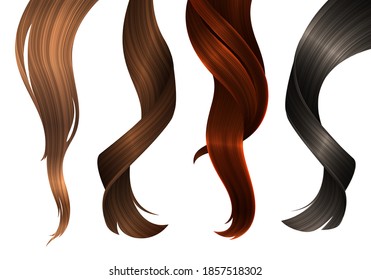 Wavy Strands of Different Coloring Hair. Vector Realistic 3d Illustration. Design Element for Hairdressers, Beauty Salons, Hair Care Cosmetics, Shampoo or Conditioner Packaging