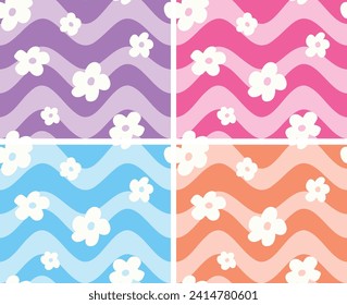 Wavy stripe with flowers pattern set. Seamless vector print. Girly bright fun print for girls kids and teens. 60's and 70's flower power vibe. retro colourful graphic. hot pink, purple and orange.