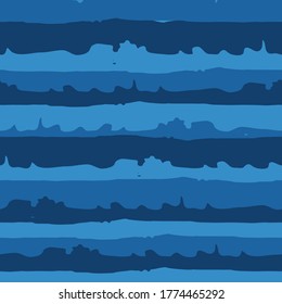 Wavy stripe seamless vector pattern background. Cut out style irregular horizontal linear striped blue backdrop. Torn paper strips effect. Geometric all over print for marine, ocean, water concept