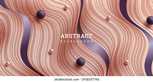 Wavy striped background 3D. Festive banner with warped stripes and beads. Vector illustration. Backdrop with flow lines. Colorful texture. Elegant decoration. Design poster, flyer, wallpaper.