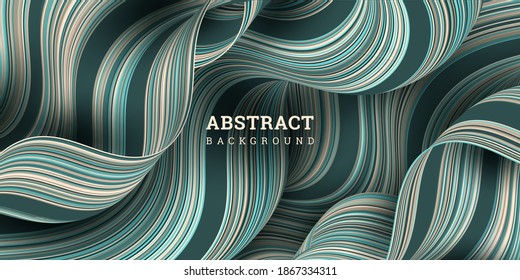Wavy striped background 3D. Vector illustration warped stripes. Festive banner realistic style. Backdrop with flow lines. Colorful texture. Elegant decoration. Design poster, flyer, wallpaper.