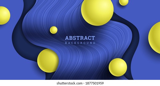 Wavy striped background and balls 3D. Vector illustration with waves and dynamic spheres. Festive sky blue banner. Backdrop with flow lines. Colorful wallpaper in realistic style. Design poster, flyer