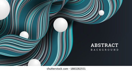 Fondo ondulado a rayas y bolas 3D. Ilustración vectorial con ondas y esferas dinámicas. Cartel festivo. Fondo con líneas de flujo. Papel colorido de color realista. Cartel de diseño, volante, papel pintado.