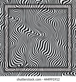 Wavy striped black and white vector background. Abstract monochrome pattern. Zebra effect. Stylized frame. 3D illustration. 