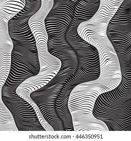 Wavy striped black and white vector background. Abstract monochrome pattern with a distorted space. Stylized 3D relief surface. 