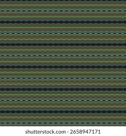 Patrón de rayas onduladas en tonos verdes y marrones con motivos repetitivos en forma de ojo. Ideal para textiles rústicos o decoración digital. Ondulado, rayado, rústico, patrón, en forma de ojo.