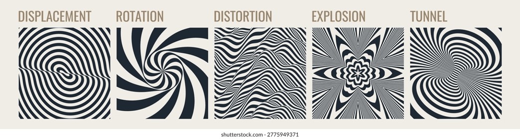 Wavy striped pattern. Optical illusion. Abstract background. Tunnel. Dynamic effect. Black and white. Rotation. Cover design template. Illustration for brochure, poster, flyer or banner.