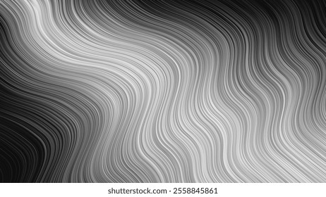 Wavy Striped Pattern Vector Excited Warped Surface BW Trendy Abstract Background. Optical Illusion of Flowing Smooth Curved Lines Monochrome Wallpaper. Dynamic Op Art Digital Graphic Illustration