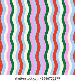 Wavy striped seamless pattern. Vector colorful vibrant background. Ethnic 70s boho textile design