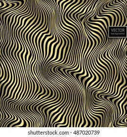 Wavy striped vector background. Gold pattern on black. Deformed space. Abstract curved lines. Zebra effect. Vector illustration for your design.
