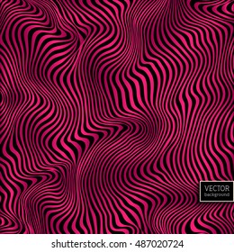 Wavy striped vector background. Magenta pattern on black. Deformed space. Abstract curved lines. Zebra effect. Vector illustration for your design.