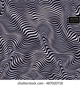 Wavy striped vector background. Violet pattern on black. Deformed space. Abstract curved lines. Silk fabric with pleats. Zebra effect. Vector illustration for your design.