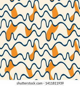 Wavy stripes abstract seamless pattern in beige, navy blue and orange. Striking, modern cartoon look for textiles, gift wrapping paper, wall paper, packaging, fashion and home decor elements. Vector