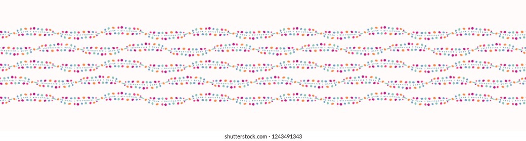 Wavy Stripes Border with Trendy Dots Leaf Stem. Bright Pastel Colors Seamless Vector Illustration. Creative Scandinavian Style Kids Texture for Nursery Trim, Scandi Baby Ribbon, Summer Blog Banner.