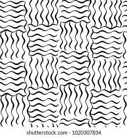 Wavy stripes, cage, square, geometric seamless pattern, texture. White on black. Vector illustration.
