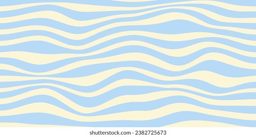 Wavy stripes horizontal background. Abstract geometric retro texture. Blue wavy distorted stripes on a beige background. Vector illustration