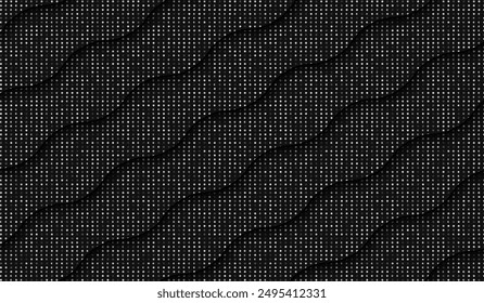 Wavy stripes on silver glitter background. Dark dotted background. Sparkling black texture. Silver dotted background. Grey shining dotted texture. Black waves pattern in silver. Black background.