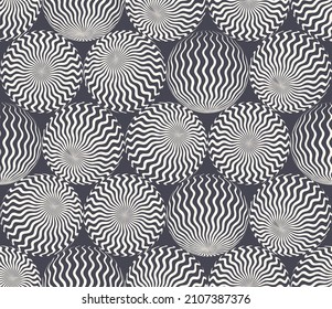 Wavy Stripes Pattern Balls In Different Positions Psychedelic Art Seamless Abstract Vector Background. Freaky Acid Trip Crazy Continuous Wallpaper. Spheres With Curved Lines Texture Weird Illustration