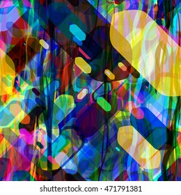 Wavy stripes and polygons. Overlay, overlapping, transparency. Abstract seamless vector background. Red, black,  blue, green, yellow.